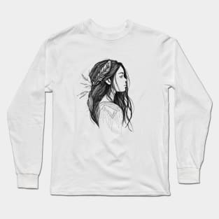 The Girl With Feathers Black And White Drawing Long Sleeve T-Shirt